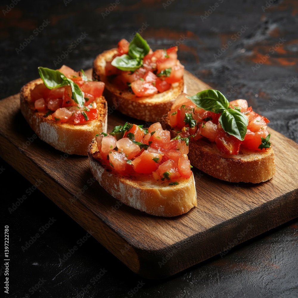 Bruschetta with tomato and basil on a wooden board, against a dark background. Bruschetta with tomato and basil on a wooden board, against a dark background.