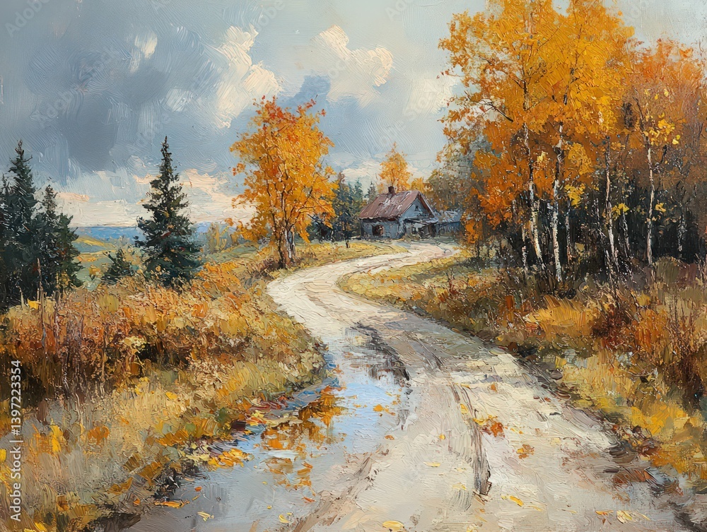 Obraz premium Autumn road leads to a secluded house.