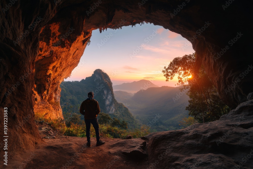Fototapeta premium A rear view of a traveller standing at the entrance of a cave, looking out at the stunning sunrise mountain view 