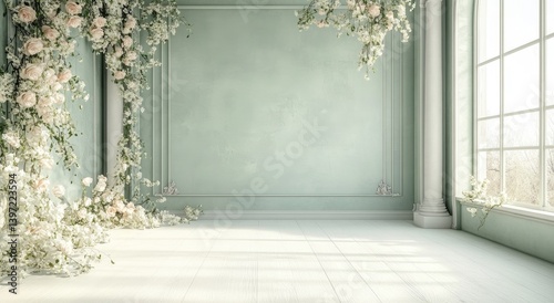 A light mint green room adorned with cascading floral arrangements.