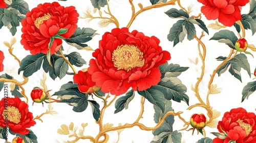 Red Peonies with Green Leaves on a White Background