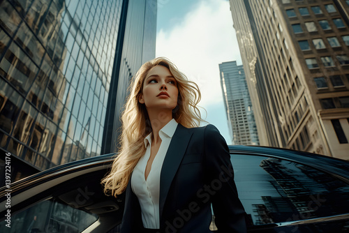 A businesswoman in formal attire stands outside her luxury car, showcasing the elegance of corporate fashion with sleek trousers and a blazer against an urban backdrop of skyscrapers.
