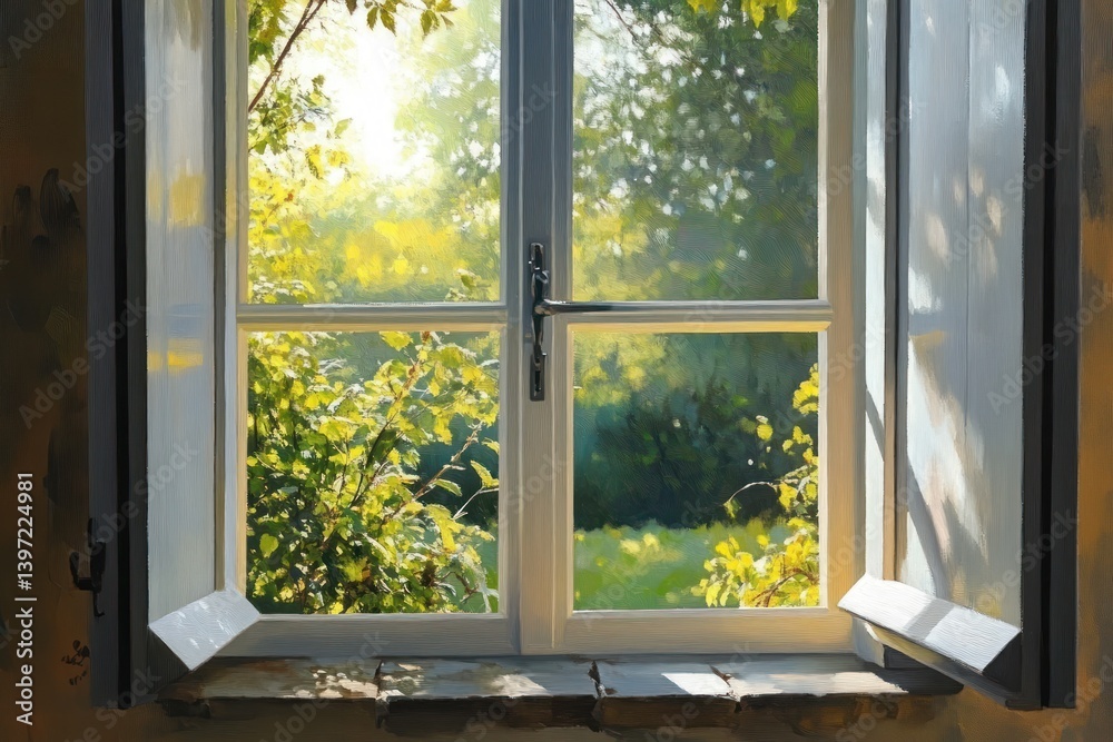 Fototapeta premium Open Plastic PVC Window with Installed Mosquito Net Wire Screen for Summer Protection