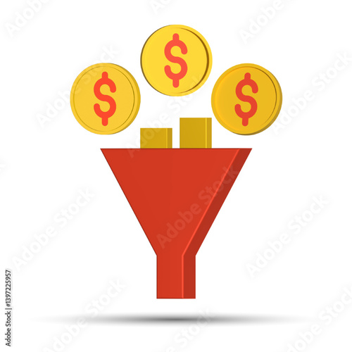 3d money funnel graphic illustrating sales conversion.