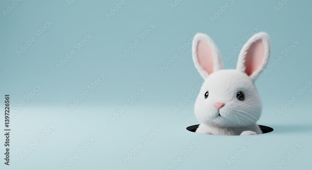 Rabbit Peeking Out of Hole on Light Blue Background Rabbit Peeking Out of Hole on Light Blue Background