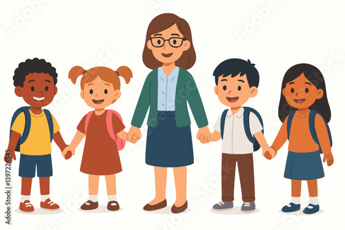 Diverse Elementary School Teacher and Multiethnic Students Holding Hands in Classroom, Inclusive Education Vector Illustration for Back to School, Childcare, and Educational Resources