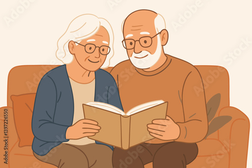 Warm Elderly Couple Reading Book Together on Orange Couch Vector Illustration, Senior Citizens Enjoying Literature, Retirement Lifestyle Cartoon, Grandparents Relaxing at Home Artwork