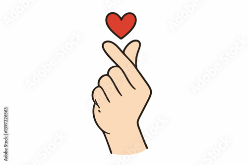 Korean Finger Heart Symbol Vector Illustration with Red Heart, Minimalist Line Art Hand Gesture for Love Expression, Trendy K-Pop Culture Sign for Valentine's Day, Social Media and Dating Apps