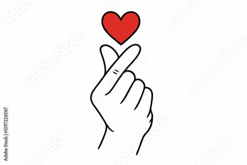 Korean Finger Heart Symbol with Red Love Icon, Minimalist Line Art Drawing for Social Media, K-Pop Fan Culture, Romantic Gesture Vector Illustration for Valentine's Day Cards and Love Concepts