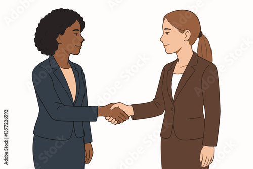 Professional Diverse Businesswomen Shaking Hands in Corporate Meeting, Partnership Agreement Illustration, Female Executives Collaboration, Workplace Diversity, Business Deal Handshake Vector Art