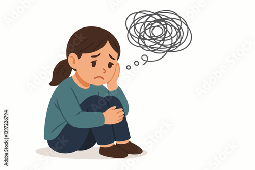 Anxious Woman with Tangled Thoughts: Vector Illustration of Mental Health Struggle, Overthinking, and Emotional Turmoil for Psychology, Stress Management, and Wellness Concepts