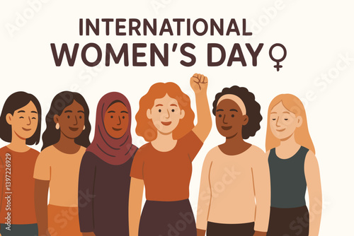 International Women's Day Vector Illustration with Diverse Female Characters, Empowerment Symbol, Multicultural Women Unity Celebration in Warm Earth Tones, Feminist Solidarity Graphic Design