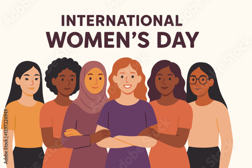 International Women's Day Vector Illustration with Diverse Female Characters, Multicultural Women Standing Together in Unity and Empowerment, Feminine Solidarity Concept Art for March 8th Celebration