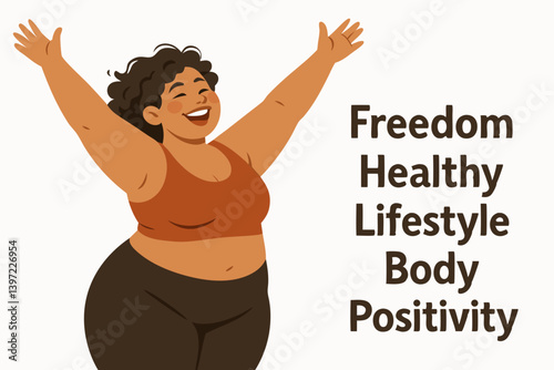 Body Positive Woman Celebrating Freedom and Wellness, Joyful Plus Size Female with Arms Raised in Happiness, Diversity Representation for Healthy Lifestyle and Self-Acceptance Illustration