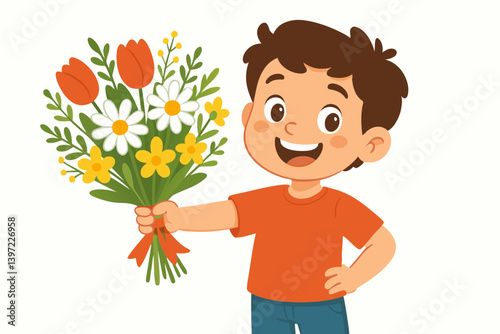 Cheerful Cartoon Boy Holding Spring Flower Bouquet with Tulips, Daisies and Yellow Blossoms, Cute Child Character in Orange T-shirt Giving Floral Gift, Adorable Kids Illustration for Mother's Day