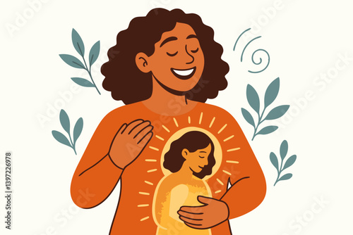Mindful Self-Love Illustration with Woman Embracing Inner Child, Spiritual Healing Vector Art with Glowing Heart Energy, Mental Health Awareness Graphic with Decorative Botanical Elements