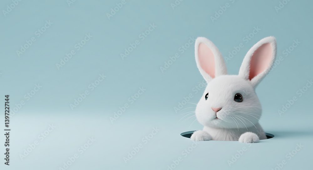 Obraz premium Rabbit Peeking Out From a Hole on Blue Background