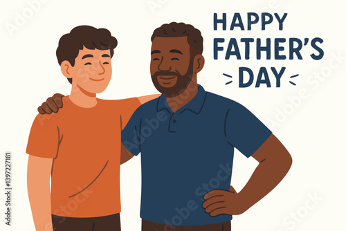 Heartwarming Father's Day Vector Illustration with Diverse Father and Son Embracing, Smiling Family Portrait for Greeting Cards, Social Media Posts, and Holiday Celebrations