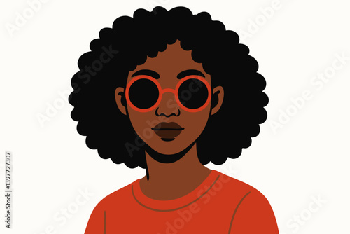 Stylish African American Woman with Natural Afro Hair Wearing Round Red Sunglasses and Orange Top, Minimalist Portrait Vector Illustration for Fashion, Beauty and Lifestyle Designs