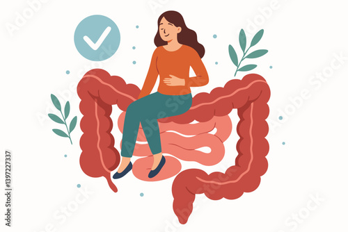 Digestive Health Concept Vector Illustration with Woman Sitting on Intestines, Checkmark Symbol and Decorative Plants, Gut Microbiome Wellness Graphic for Health Education and Medical Content