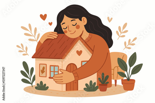 Cozy Home Embrace Illustration with Woman Hugging House, Warm Autumn Colors, Minimalist Interior Design Elements, Houseplants and Decorative Foliage, Comfortable Living Concept Vector Art