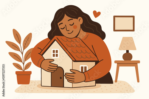 Cozy Home Embrace Vector Illustration with Woman Hugging House, Warm Earthy Tones, Minimalist Interior Design Elements, Houseplant and Home Decor, Real Estate and Home Ownership Concept