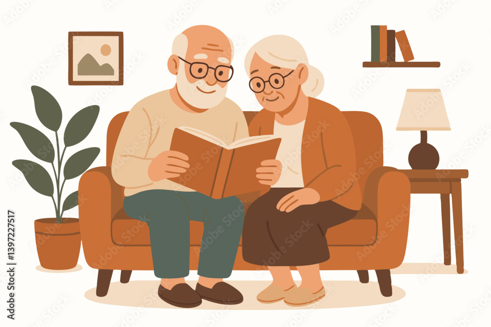 Warm Illustration of Senior Couple Reading Together on Cozy Sofa in Living Room with Houseplant, Picture Frame and Bookshelf, Elderly Lifestyle Vector Graphic in Earthy Color Palette Warm Illustration of Senior Couple Reading Together on Cozy Sofa in Living Room with Houseplant, Picture Frame and Bookshelf, Elderly Lifestyle Vector Graphic in Earthy Color Palette