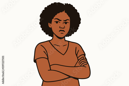 Minimalist Vector Illustration of Frustrated African American Woman with Natural Curly Hair Crossing Arms with Annoyed Expression, Modern Line Art Portrait for Diverse Representation in Design