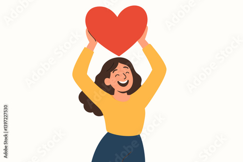 Joyful Woman Holding Red Heart Above Head Vector Illustration, Happy Female Character Expressing Love and Positivity, Cheerful Girl in Yellow Sweater Sharing Happiness and Affection