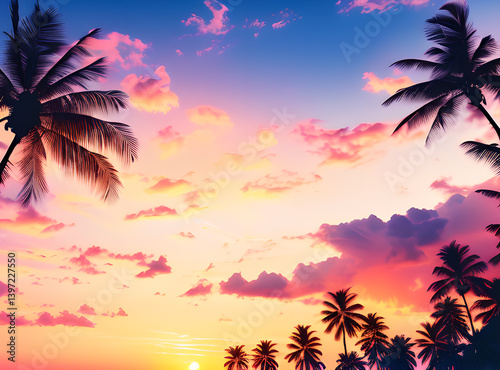 Timeless Tropical Escape: Coconut Palms Under a Sunlit Sky with,generative ai