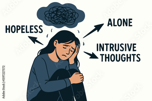 Mental Health Concept Vector Illustration: Woman Experiencing Depression with Intrusive Thoughts, Feelings of Hopelessness and Isolation, Emotional Distress Visualization in Minimalist Style