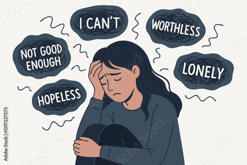 Mental Health Concept Vector Illustration with Woman Experiencing Negative Thoughts, Anxiety and Depression Visualization, Psychological Distress Artwork for Awareness Campaigns and Therapy Resources