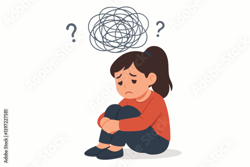 Anxious Young Girl with Confused Tangled Thoughts Illustration, Sad Child Sitting Alone with Messy Mind Cloud and Question Marks, Mental Health Concept for Anxiety and Depression Vector Graphic