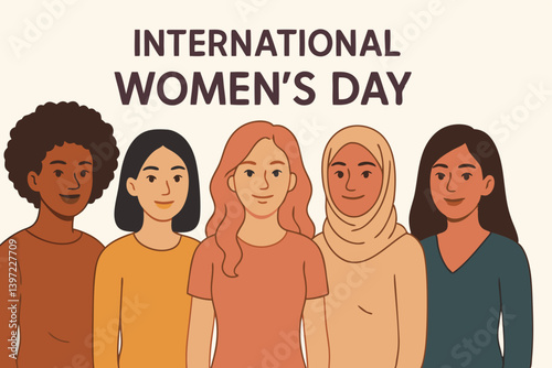 International Women's Day Vector Illustration with Diverse Female Characters, Multicultural Women Group Standing Together, Feminine Empowerment and Unity Concept for Equality Celebration Design