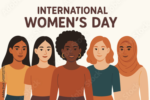 International Women's Day Celebration Vector Illustration with Diverse Female Characters in Modern Flat Style, Multicultural Unity and Empowerment Concept for Social Media, Posters and Greeting Cards