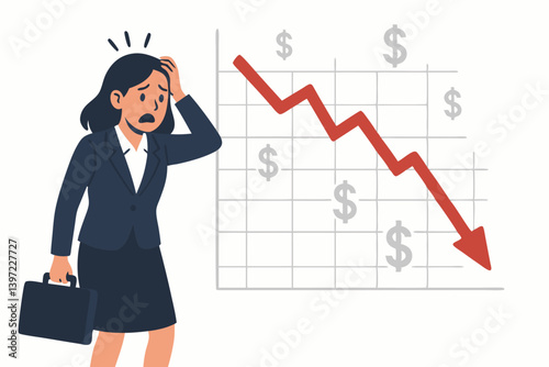 Stressed Businesswoman Facing Financial Crisis with Declining Stock Market Graph, Economic Downturn Concept, Investment Loss Illustration, Corporate Failure, Market Crash Vector Art