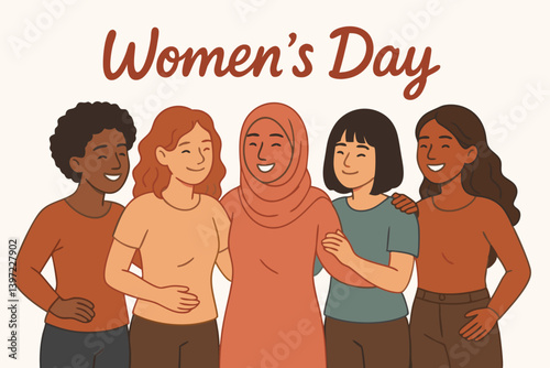 International Women's Day Celebration Vector Illustration with Diverse Female Characters, Multicultural Sisterhood Unity, Feminine Empowerment and Solidarity, Modern Minimalist Style Graphic Design