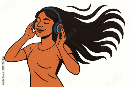 Serene Young Woman Listening to Music with Headphones, Flowing Long Hair, Peaceful Expression, Minimalist Vector Illustration for Audio Apps, Music Streaming Services and Lifestyle Branding