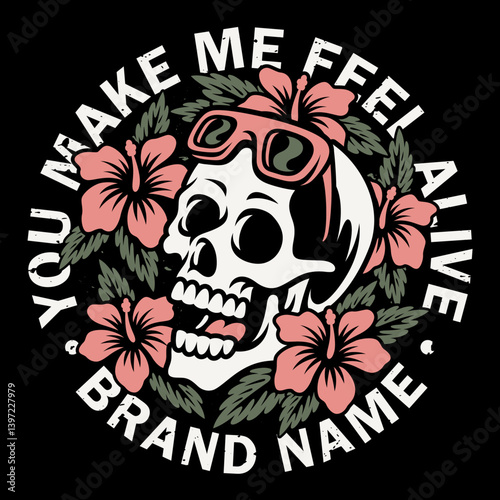 Vector illustration of a cool skull encircled by lovely hibiscus blossoms
