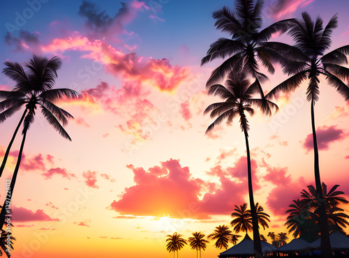 Timeless Tropical Escape: Coconut Palms Under a Sunlit Sky with,generative ai