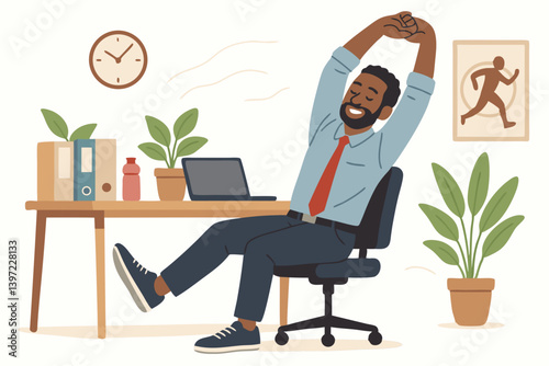 African American Businessman Stretching at Office Desk with Plants, Modern Workspace Wellness Break, Ergonomic Chair, Laptop Computer, Healthy Work Environment Illustration