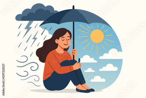 Emotional Wellness Concept Vector Illustration with Woman Finding Inner Peace Under Umbrella Protecting from Storm While Enjoying Sunshine, Mental Health Metaphor for Resilience and Optimism