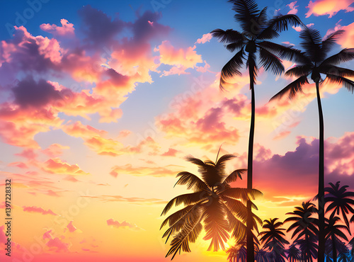 Timeless Tropical Escape: Coconut Palms Under a Sunlit Sky with,generative ai