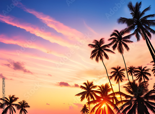 Timeless Tropical Escape: Coconut Palms Under a Sunlit Sky with,generative ai