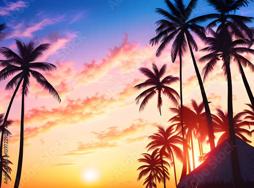 Timeless Tropical Escape: Coconut Palms Under a Sunlit Sky with,generative ai