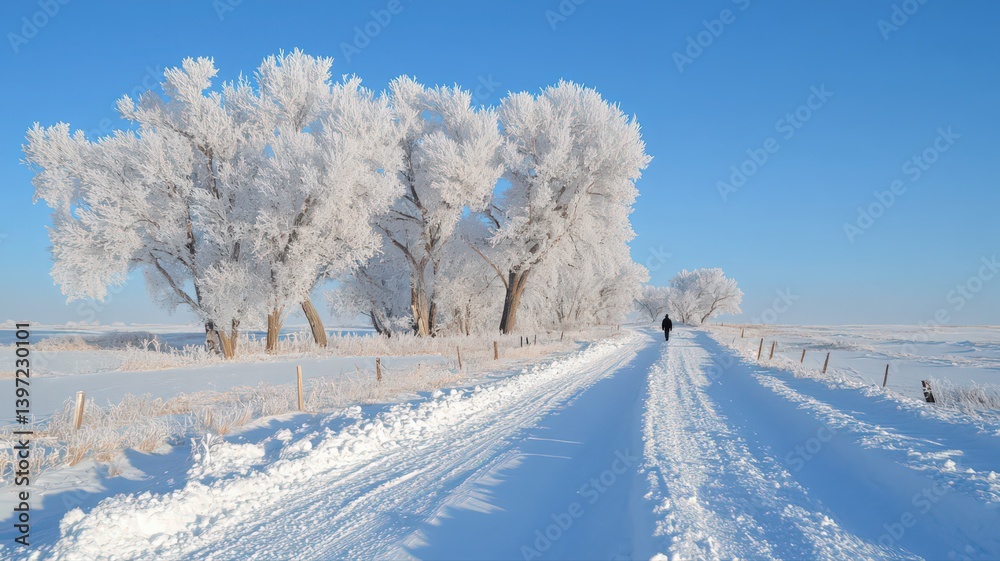 Obraz premium Snowy Road Leading to Frost Covered Trees Under Blue Sky