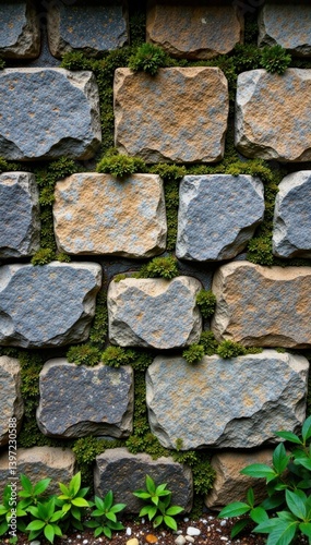 Weathered stone wall with moss and lichen growth, stone wall, weathering