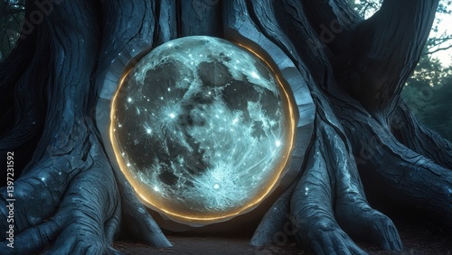 Mystical Moon Portal in Ancient Tree Roots Fantasy Nature Scene