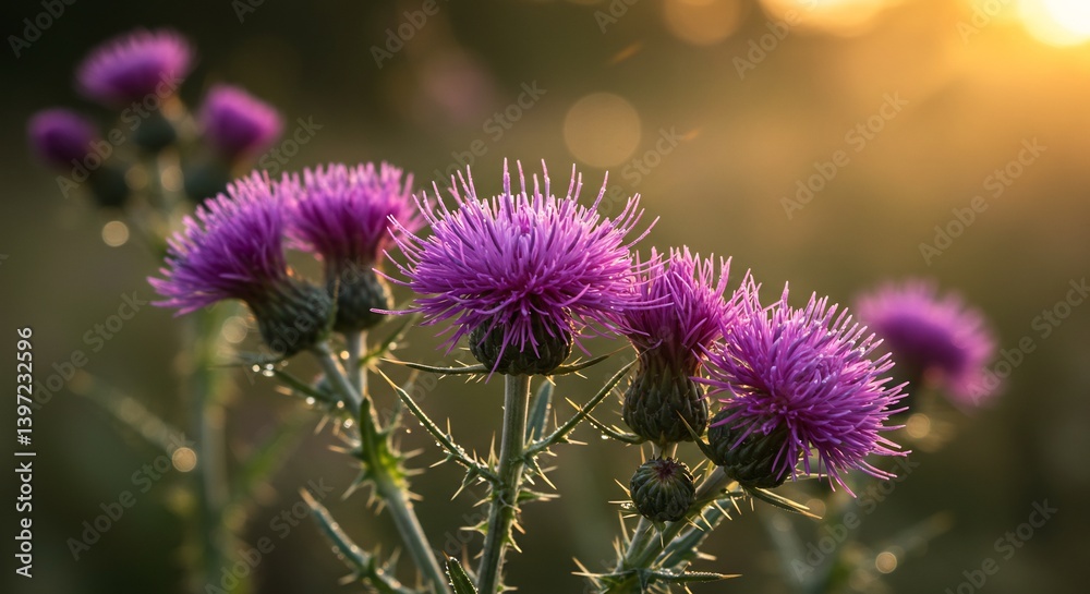 Fototapeta premium Purple Thistle Flowers Sunset Warm Light. AI Generated