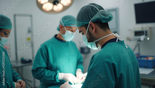 Three surgeons in an operating room wearing green gowns and masks focused on a procedure.